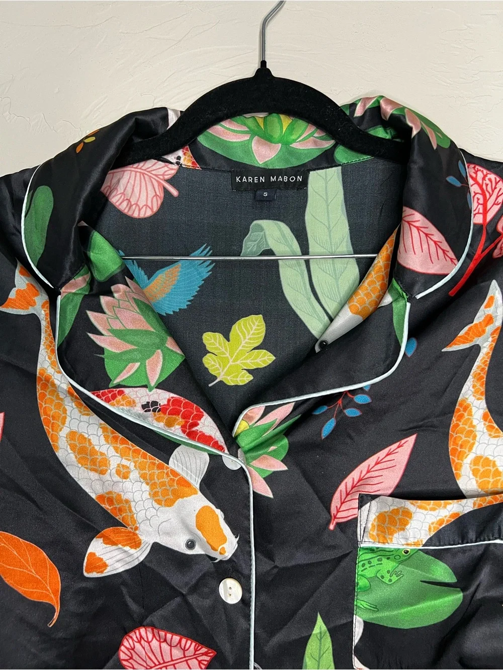 Karen Mabon 100% Silk Black Botanical Koi Fish Bird Luxury 2 Piece Pajama Set